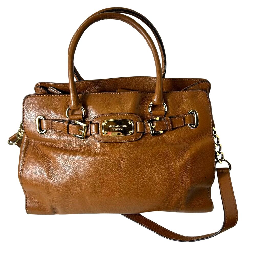 Michael Kors Hamilton Cognac Brown Leather Belted Chain Detail Tote Satchel Bag